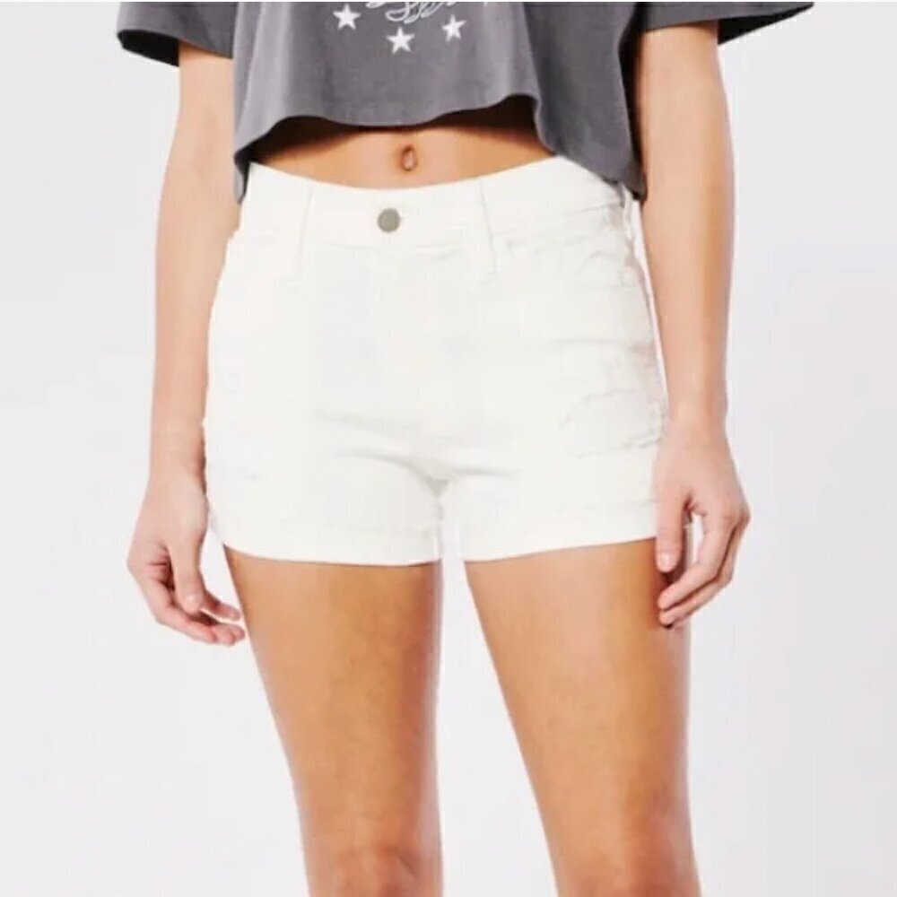 Hollister Distressed High-Rise 3" Advanced Stretch White Jean Shorts